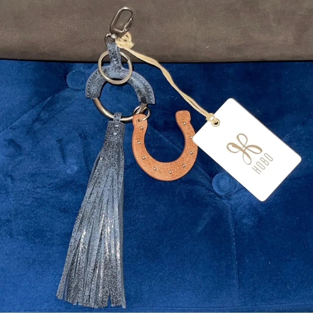 New HOBO LUCKY TASSEL FOB indigo sky Blue & Brown Horseshoe Keychain (Leather)!